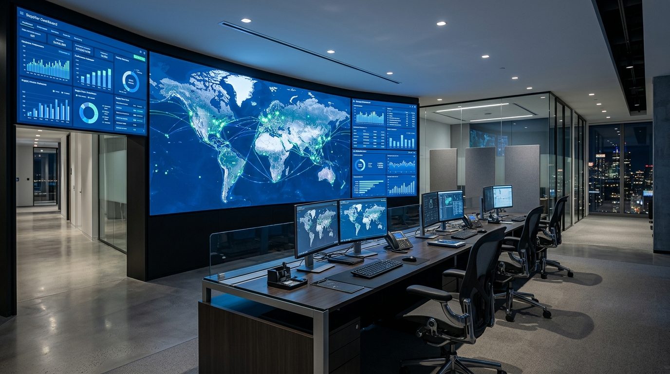 Modern operations office at night with analysts reviewing world-map and supply chain dashboards across a wall of screens.