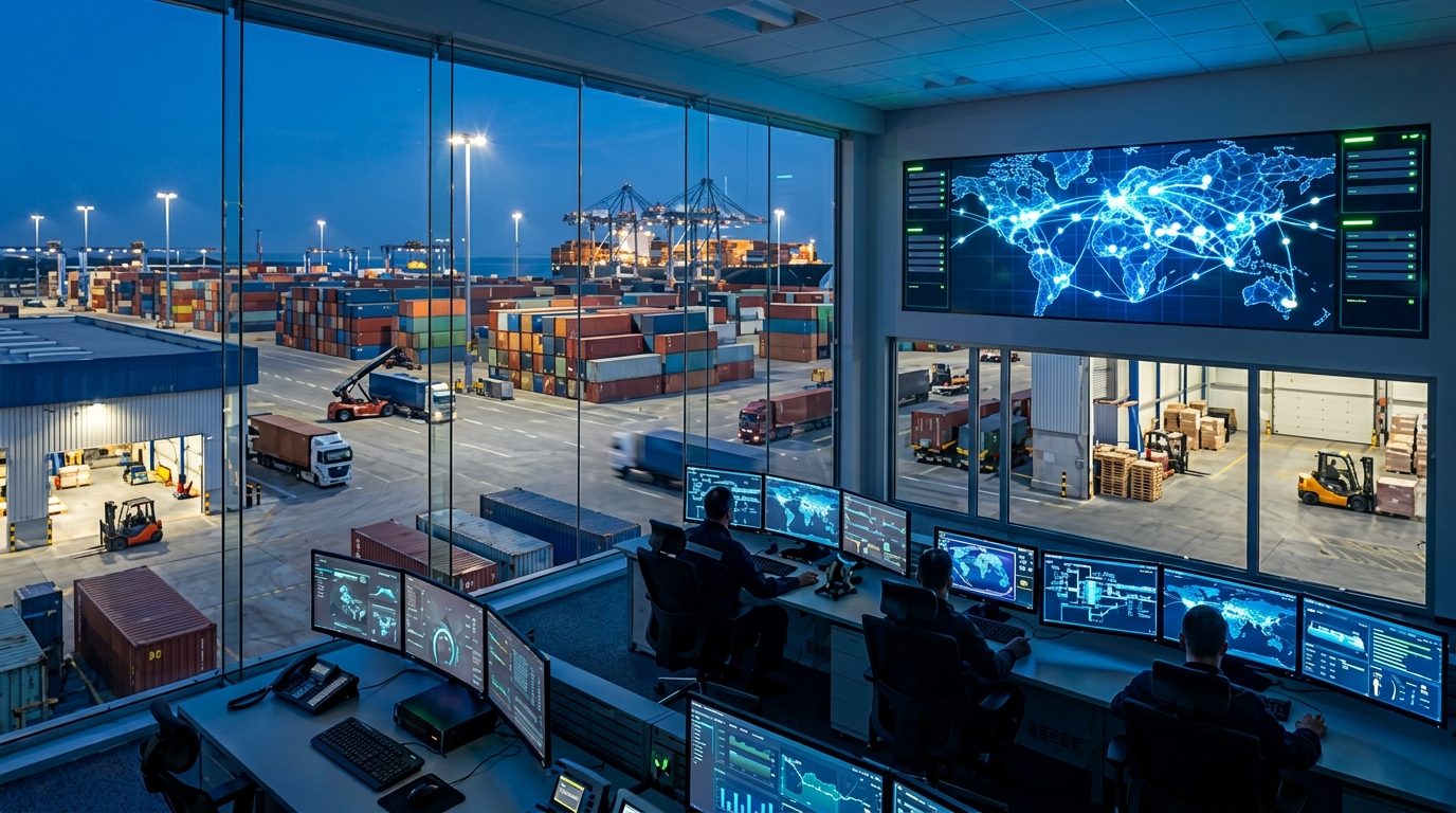 Port terminal at dusk with container stacks, gantry cranes and a logistics control desk monitoring shipments on screen.